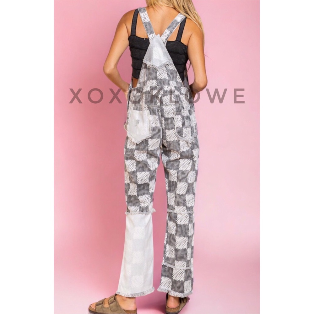 POL Black & White Checkerboard Distressed Overalls Premium Denim - Picture 5 of 13